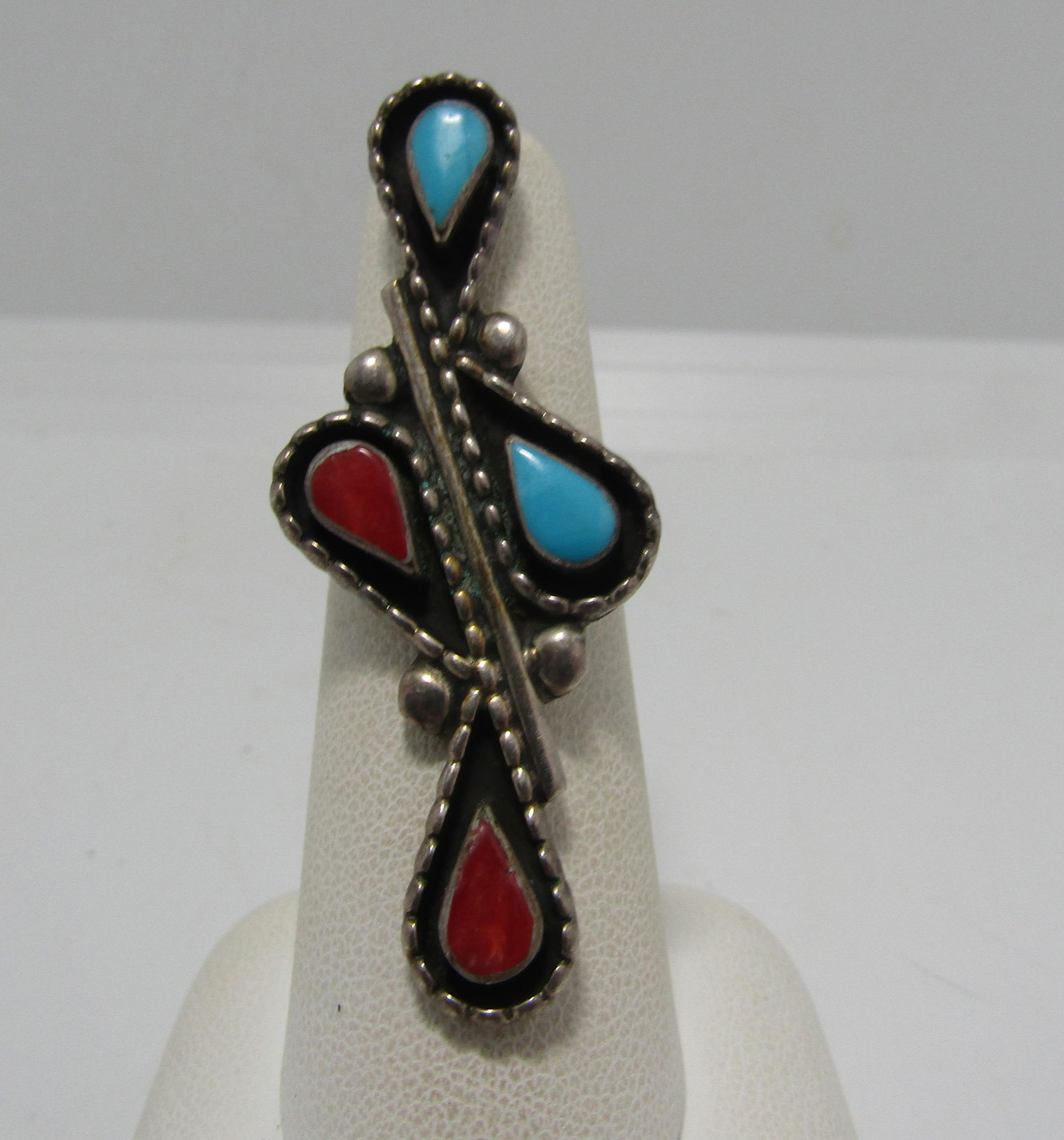 LONG 2" SIGNED RED CORAL TURQUOISE STERLING RING (1 of 4)