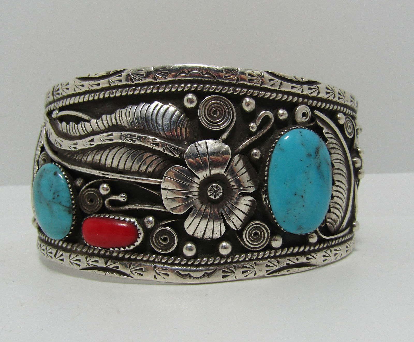106 GRAM SIGNED TURQUOISE RED CORAL STERLING CUFF (1 of 6)