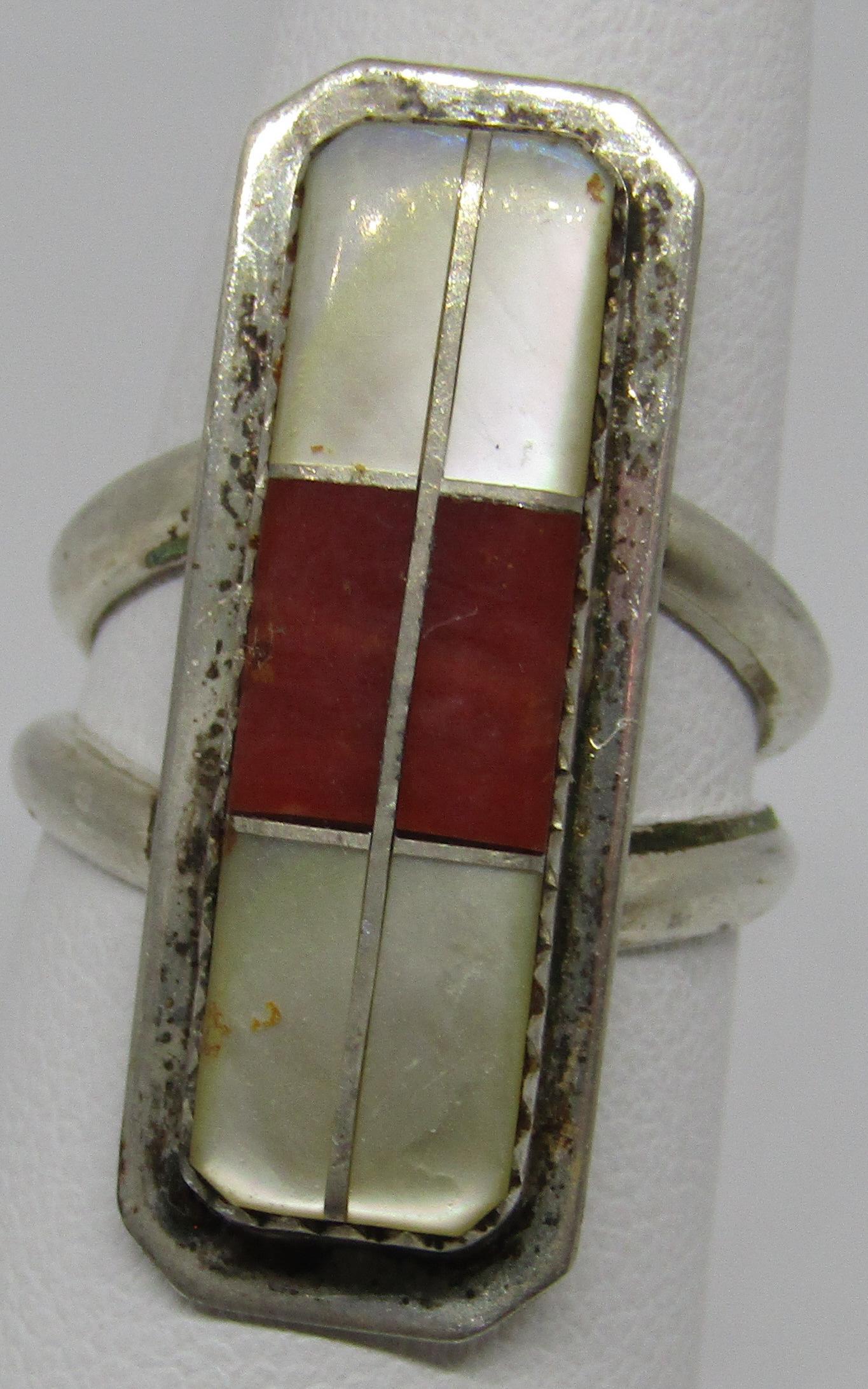 OLD PAWN MOP CORAL RING STERLING SILVER INLAY (1 of 5)