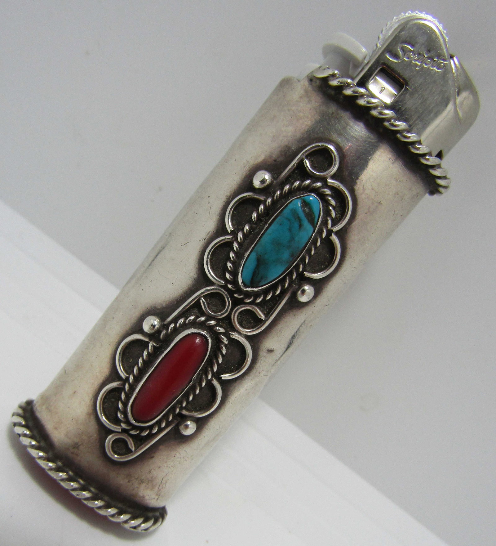 OLD PAWN TURQUOISE CORAL LIGHTER STERLING SILVER (1 of 4)