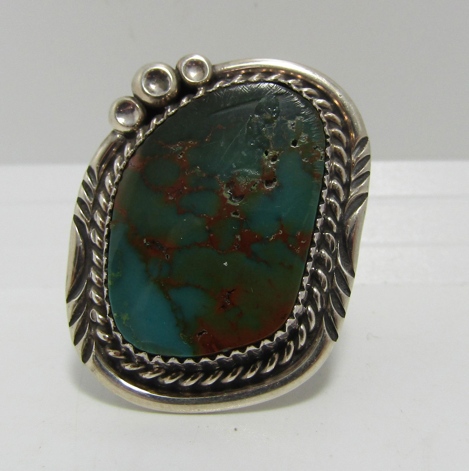 ALVIN JOE WIDE BAND TURQUOISE STERLING RING SZ 10 (1 of 5)