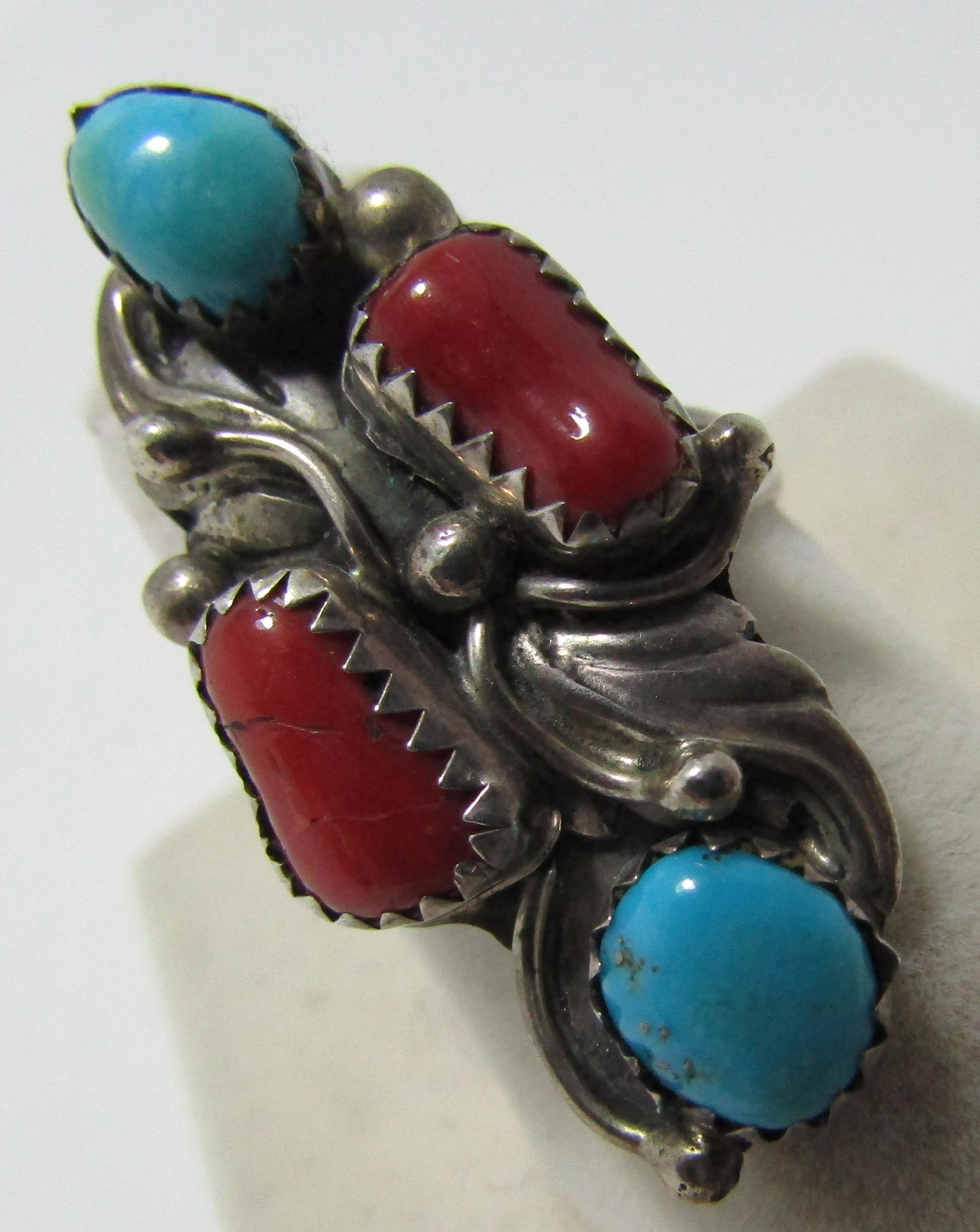 "A" TURQUOISE CORAL RING STERLING SILVER (1 of 4)