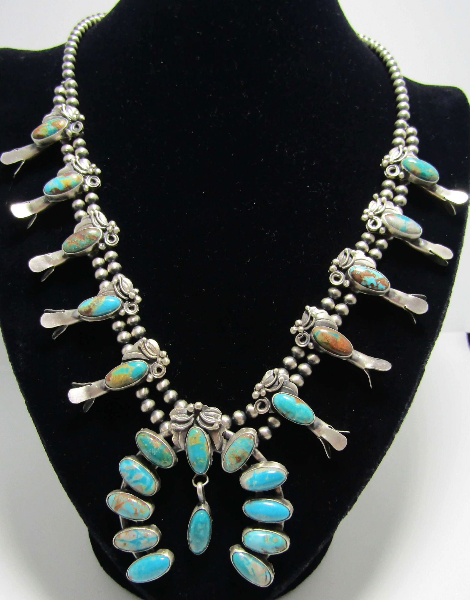 "B" SQUASH BLOSSOM TURQUOISE NECKLACE STERLING (1 of 4)