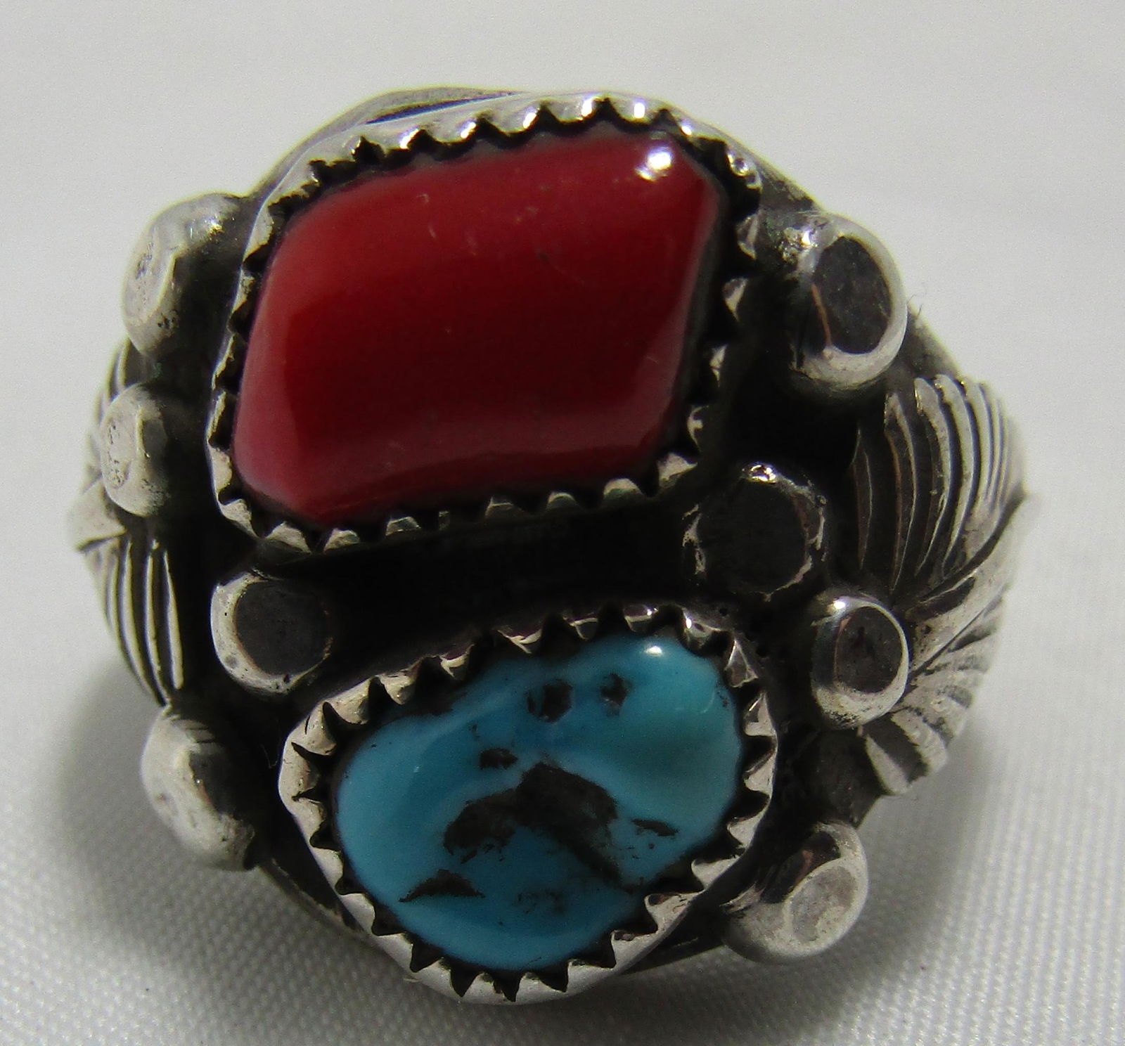 "KW" TURQUOISE CORAL RING STERLING SILVER SZ 9 (1 of 4)