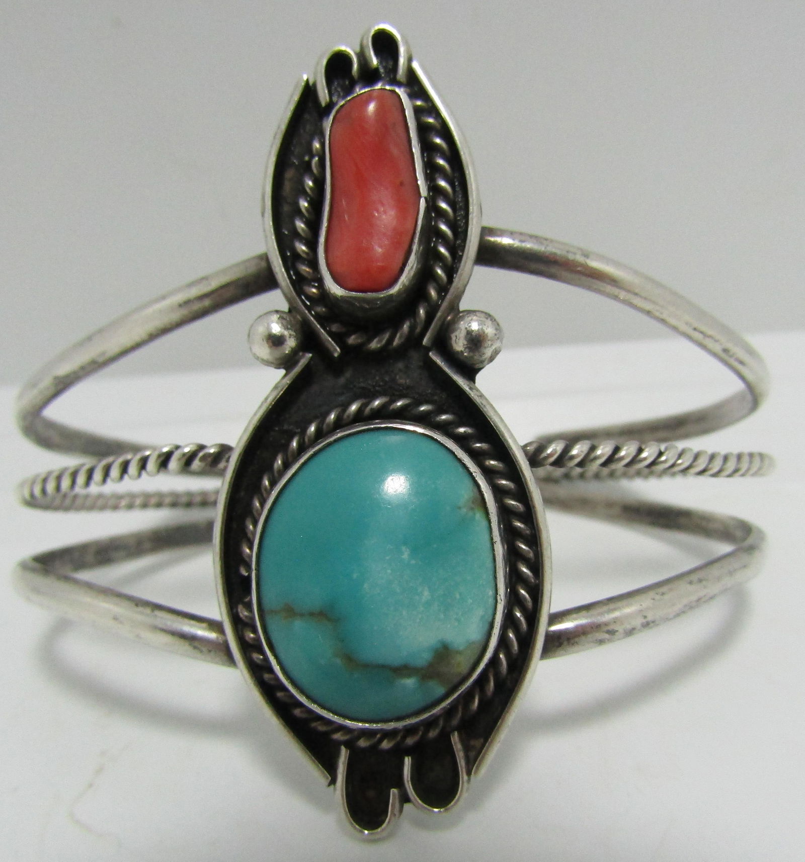 "RM" TURQUOISE CORAL CUFF BRACELET STERLING SILVER (1 of 3)