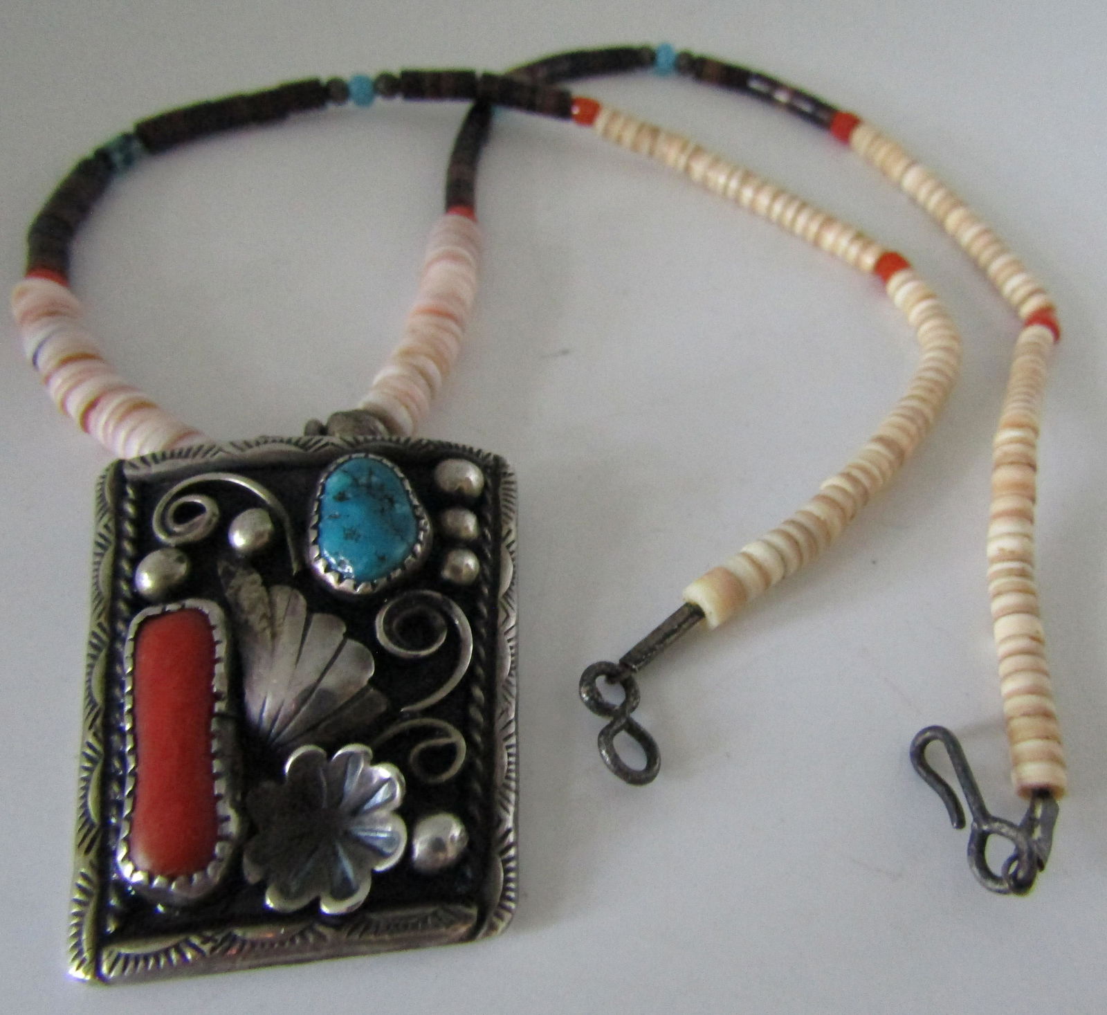 EARLY TURQUOISE & CORAL PENDANT NECKLACE STERLING (1 of 3)