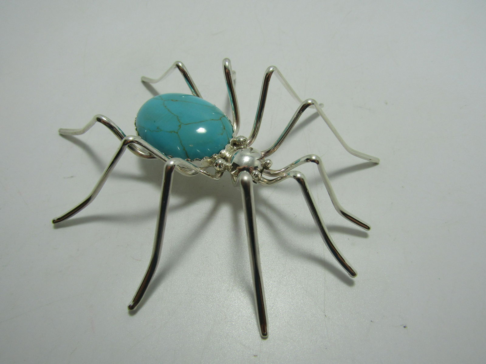 SIGNED LARGE 4"  STERLING TURQUOISE BUG PIN BROOCH (1 of 3)