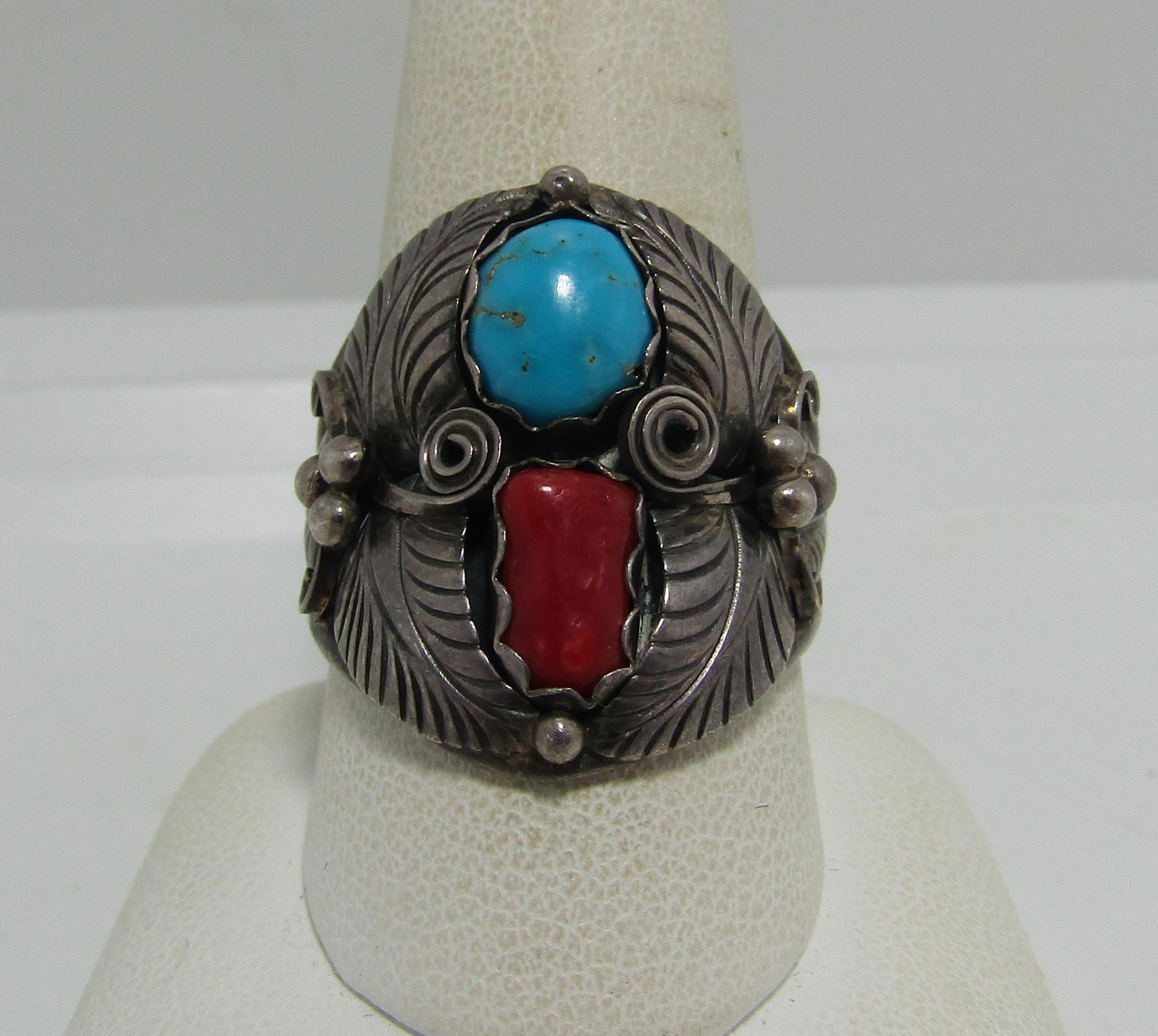 SIGNED RED CORAL TURQUOISE STERLING RING SIZE 10 (1 of 3)