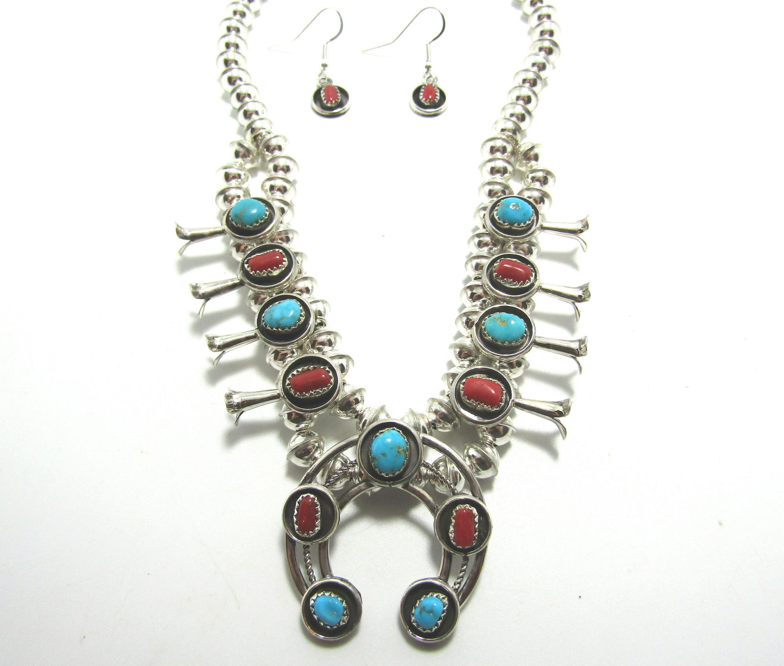 16" SQUASH BLOSSOM TURQUOISE RED CORAL STERLING (1 of 5)