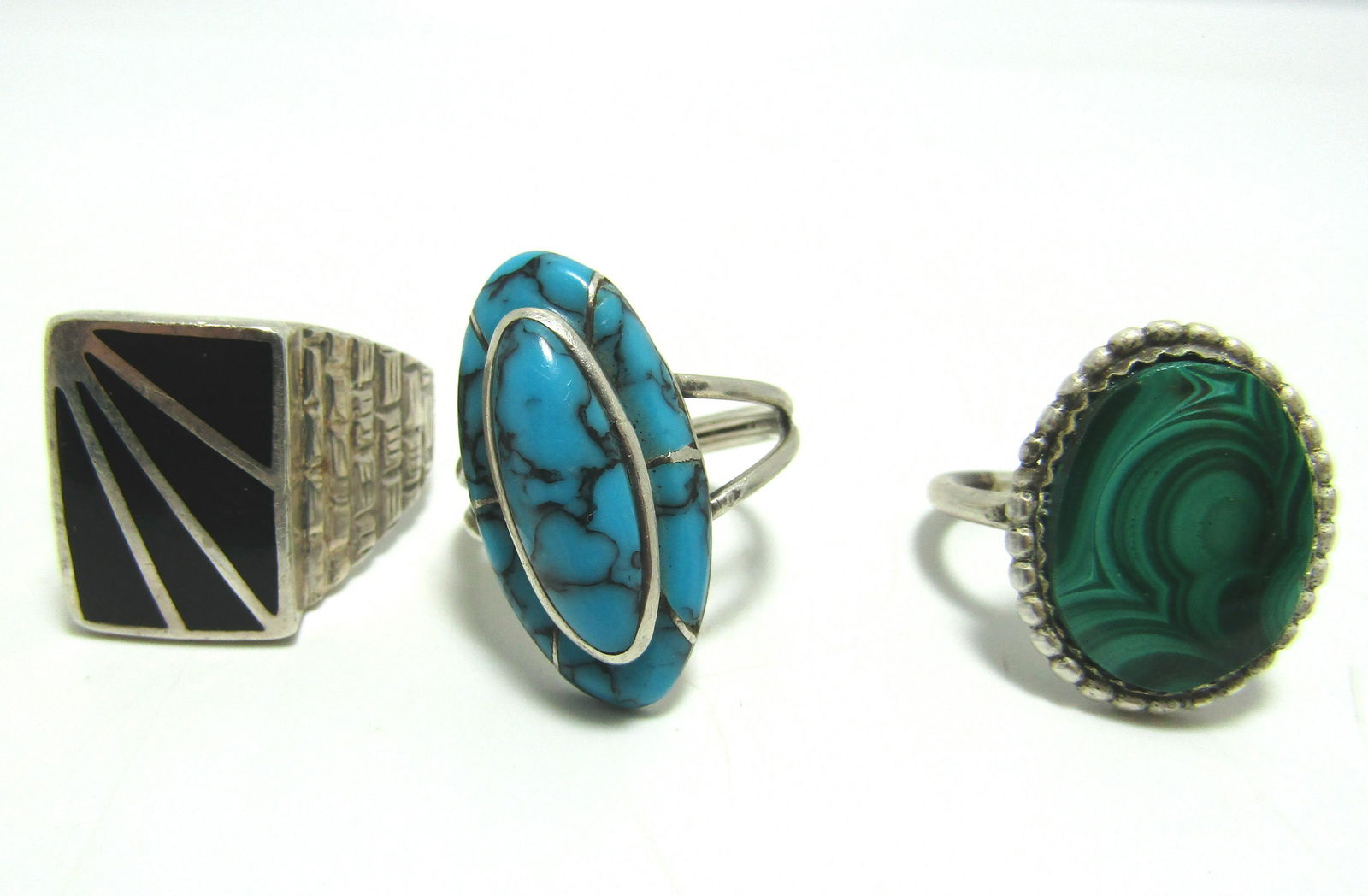 LOT OF 3 STERLING RINGS MALACHITE TURQUOISE ONYX (1 of 3)