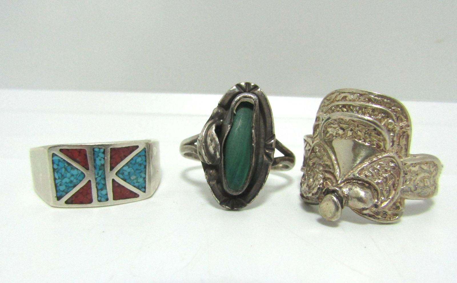 LOT OF 3 STERLING RINGS SADDLE TURQUOISE MALACHITE (1 of 4)