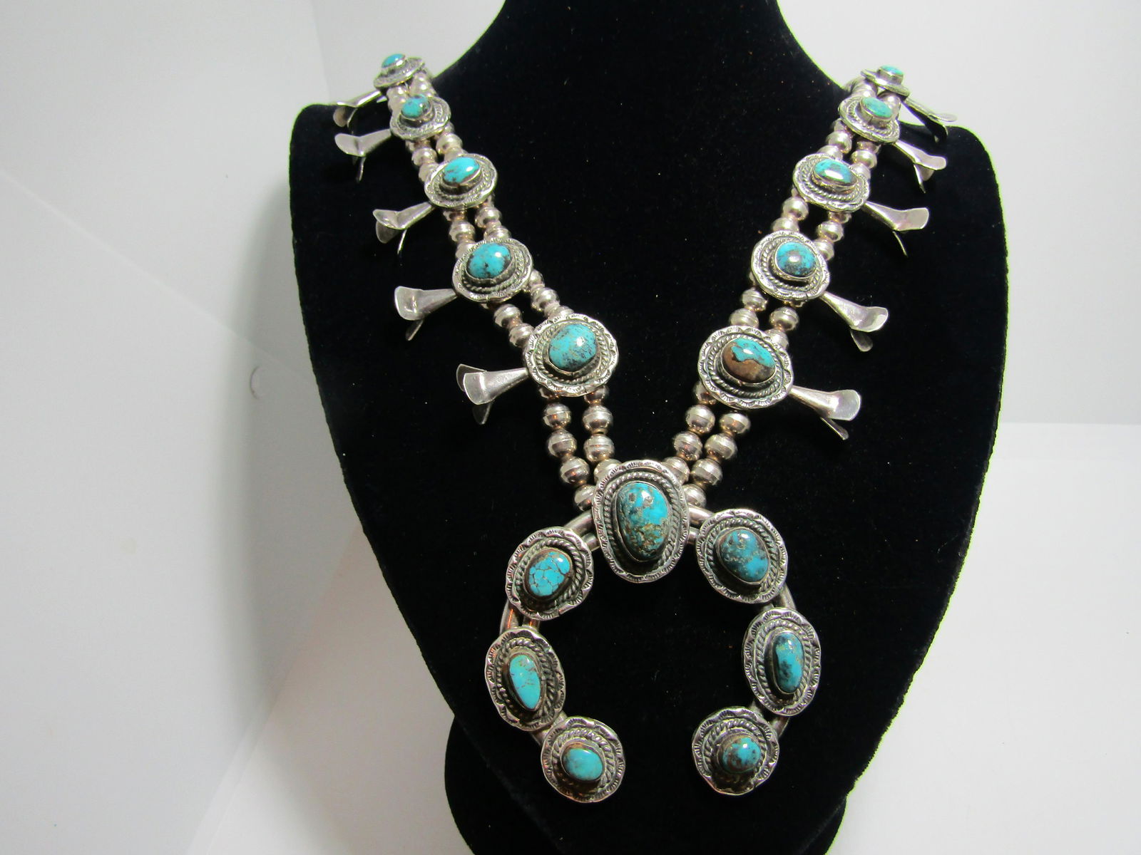 27" TURQUOISE STERLING SQUASH BLOSSOM NECKLACE (1 of 8)