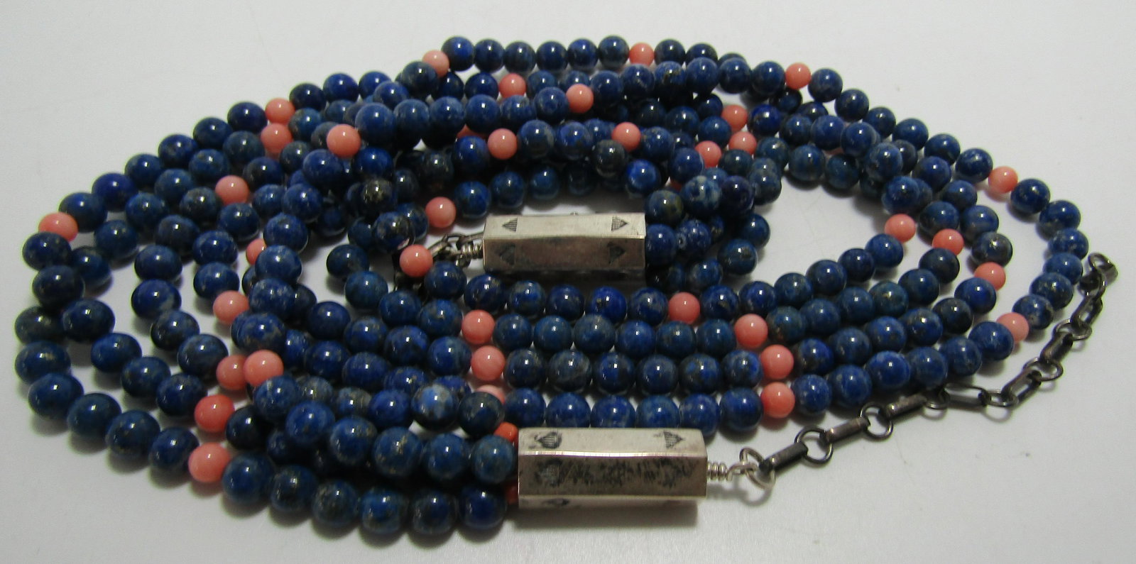 4 STRAND LAPIS CORAL BEAD NECKLACE STERLING SILVER (1 of 3)