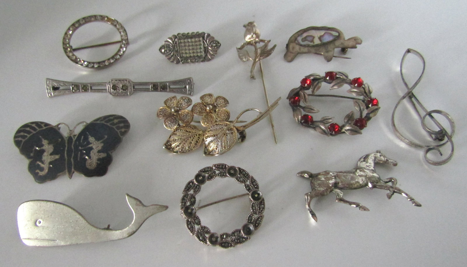 12 PINS ALL STERLING SILVER BROOCH BEAU TAXCO SIAM (1 of 2)