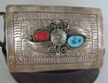 "FW' TURQUOISE CORAL BUCKLE STERLING SILVER BELT
