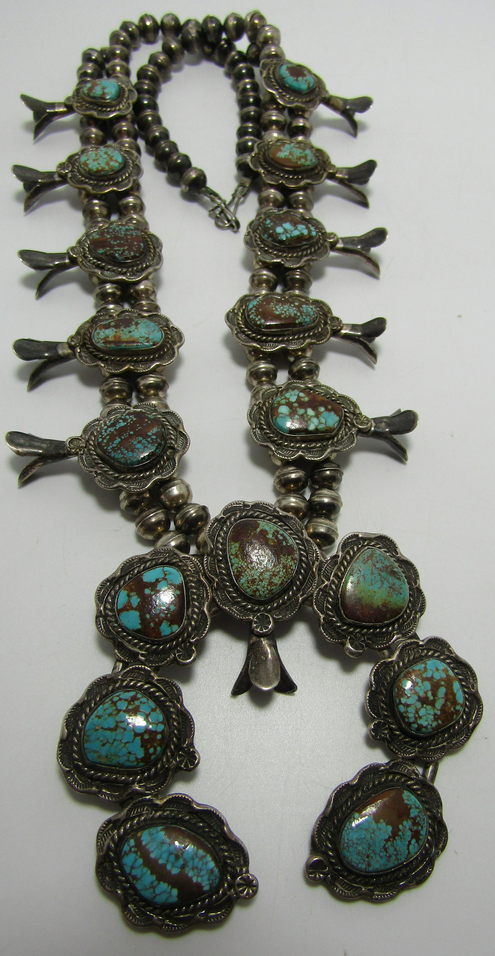 #8 SPIDERWEB TURQUOISE SQUASH BLOSSOM STERLING (1 of 6)
