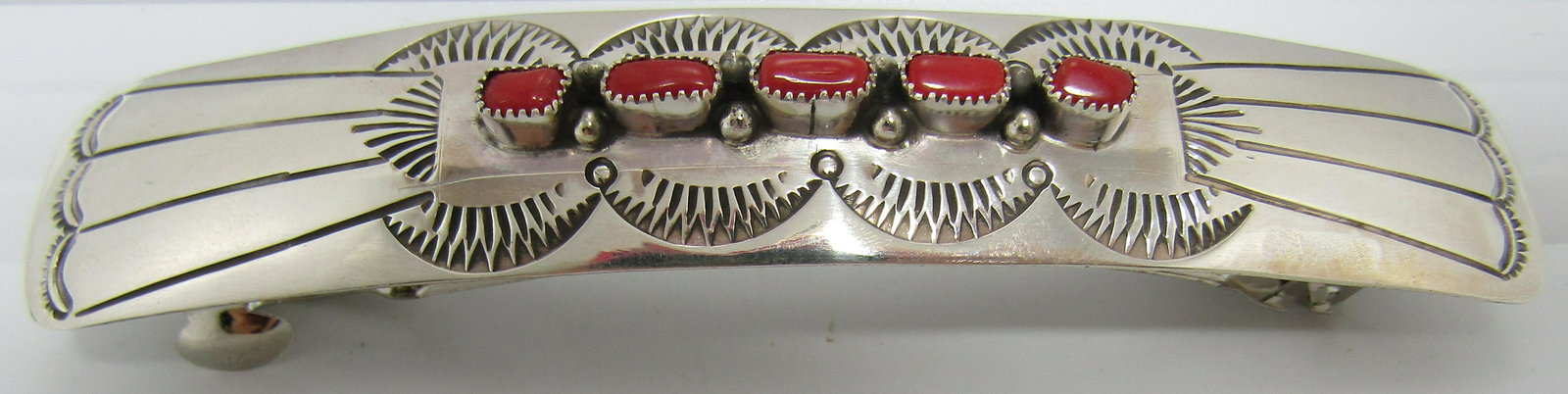 HUGE RED CORAL BARETTE STERLING SILVER HAIR CLIP (1 of 4)
