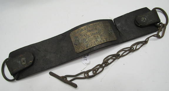 CHATTANOOGA TENNESSEE SLAVE AUCTION COLLAR: EARLY 1842 COLLAR VINTONE AND HUNTOON CO. 4 INCH WIDE COLLAR. CRACKED LEATHER USA SHIPPING $20