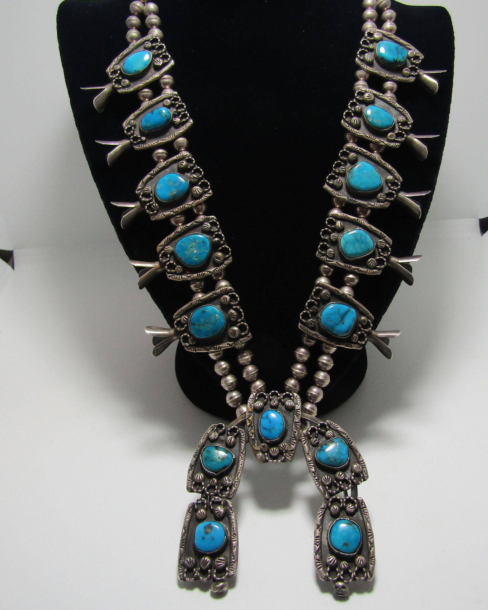 SIGNED J STERLING TURQUOISE NECKLACE SQUASH BLOSSOM (1 of 6)