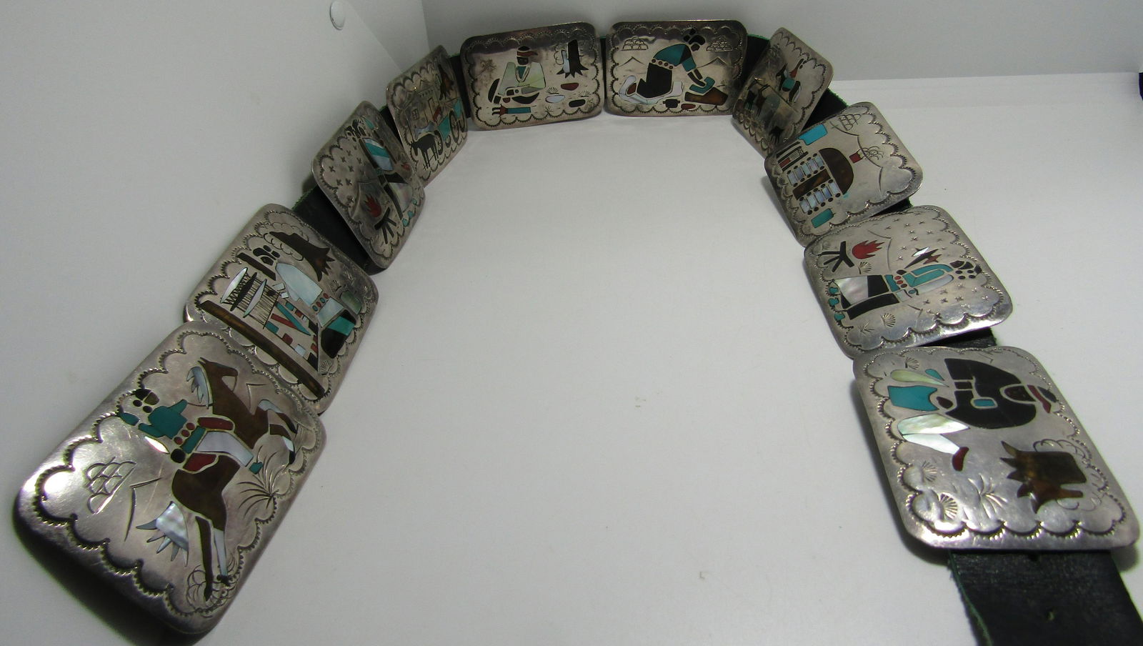 BB INLAY CONCHO BELT STERLING SILVER TURQUOISE MOP (1 of 7)