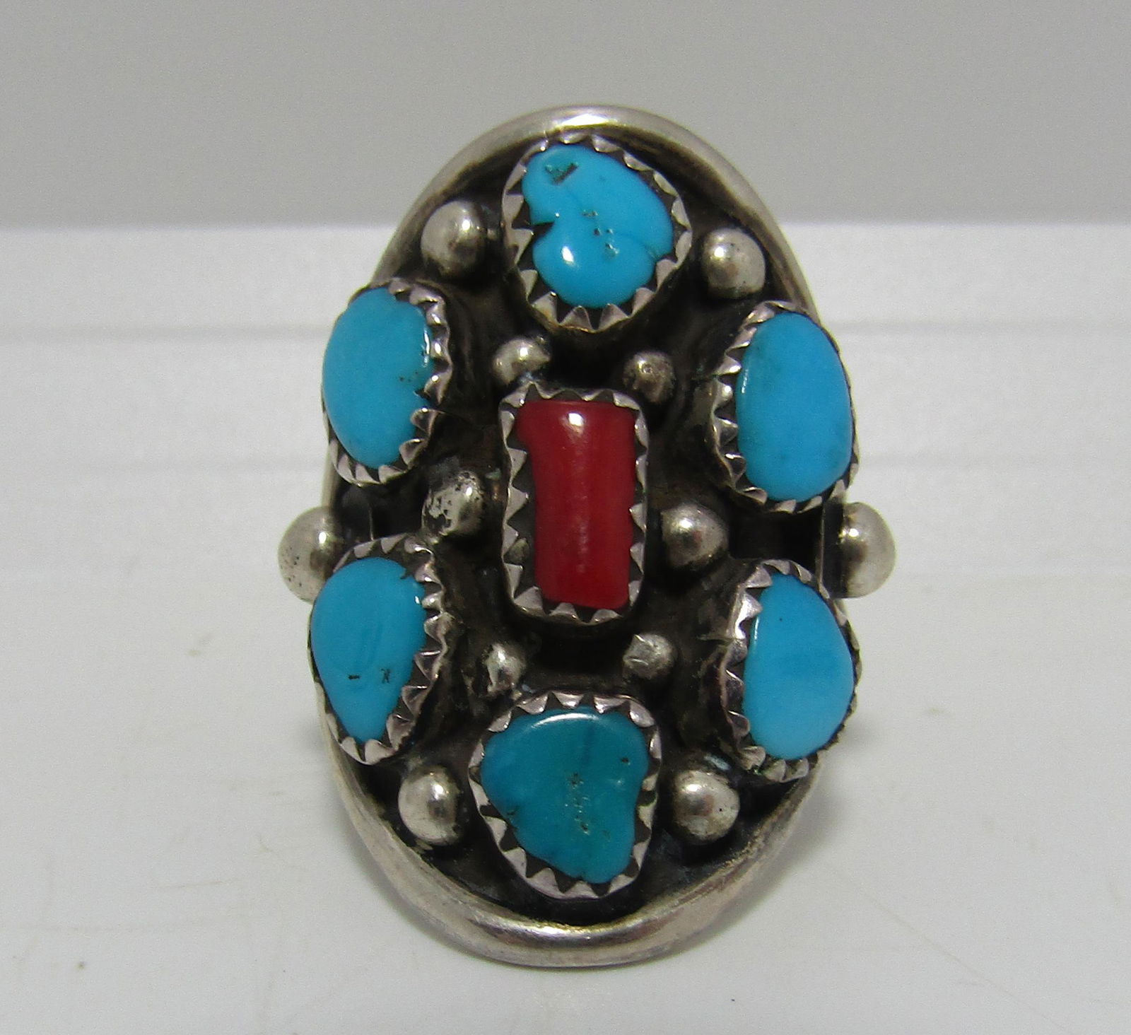 SIGNED LMC RED CORAL TURQUOISE STERLING RING (1 of 3)