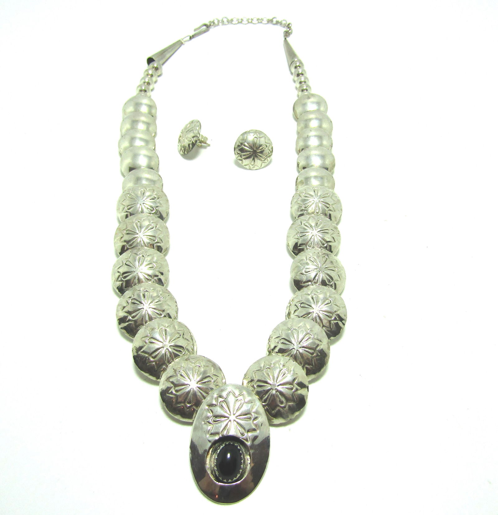 STERLING ONYX PILLOW BEADED NECKLACE EARRING SET (1 of 5)