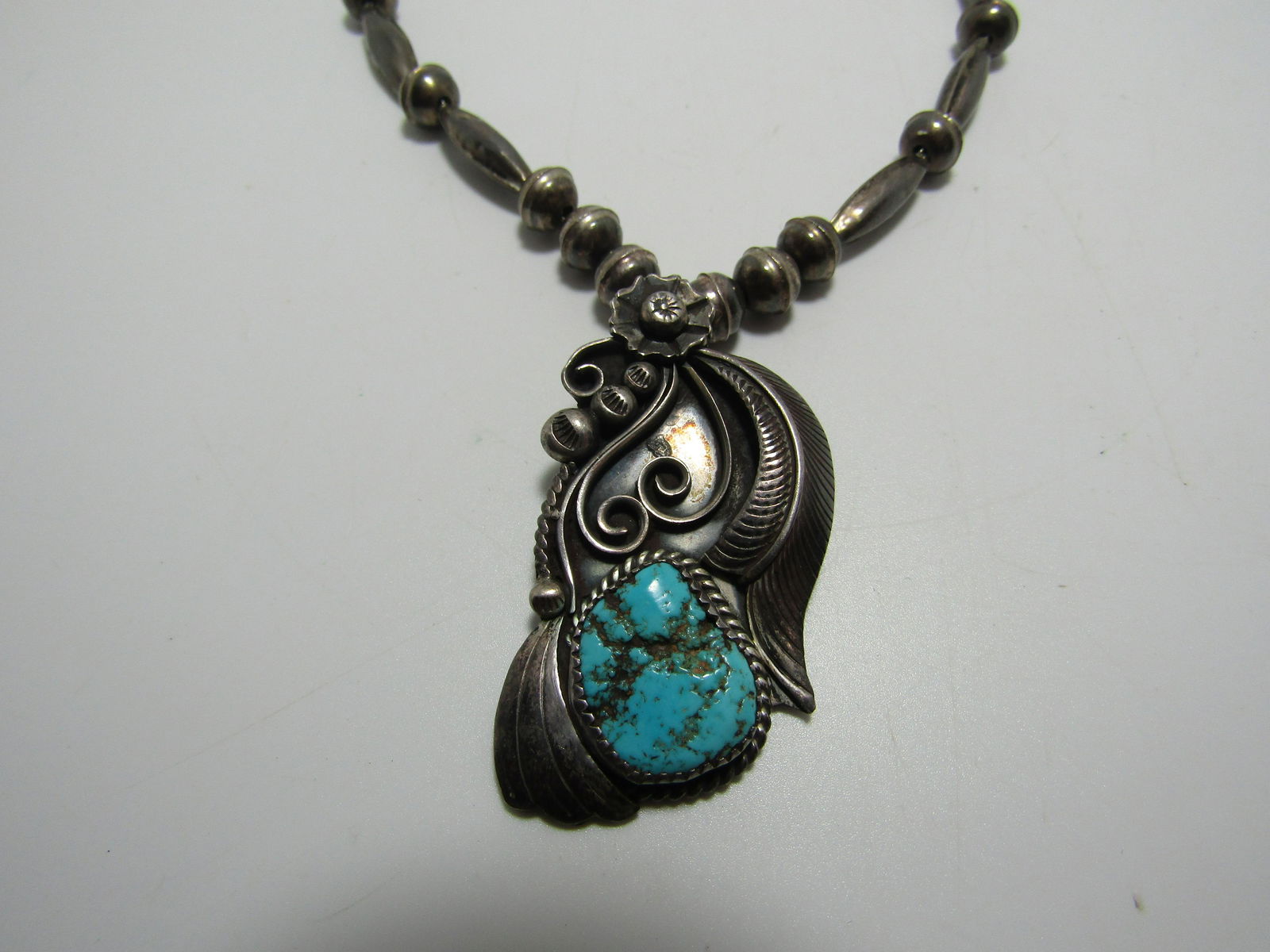 SIGNED OLD PAWN STERLING BEAD TURQUOISE NECKLACE (1 of 4)