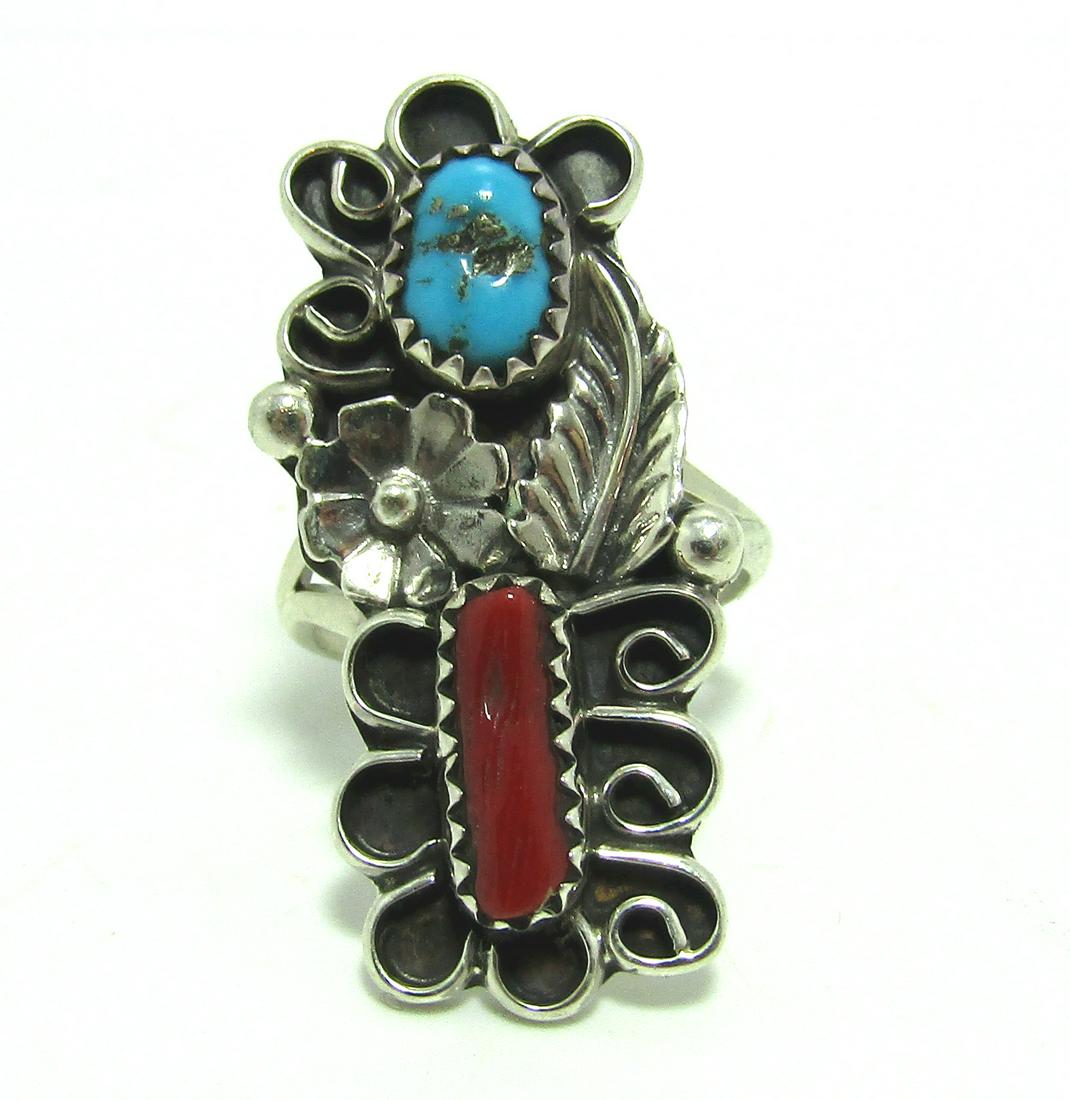 SIGNED ALICE JOHNSON STERLING TURQUOISE CORAL RING (1 of 3)
