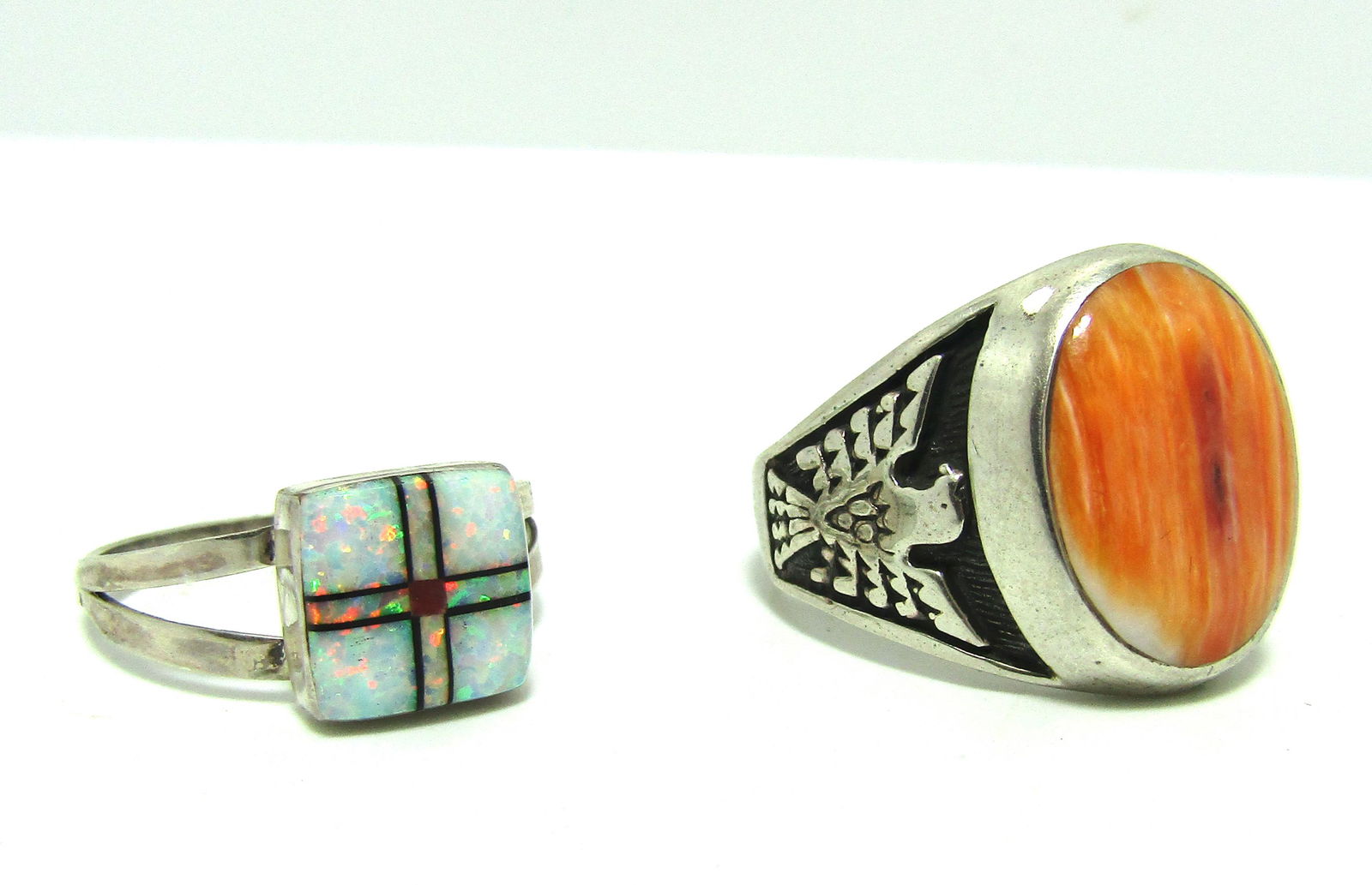 TWO STERLING RINGS INLAID OPAL & OYSTER SHELL LOT (1 of 4)