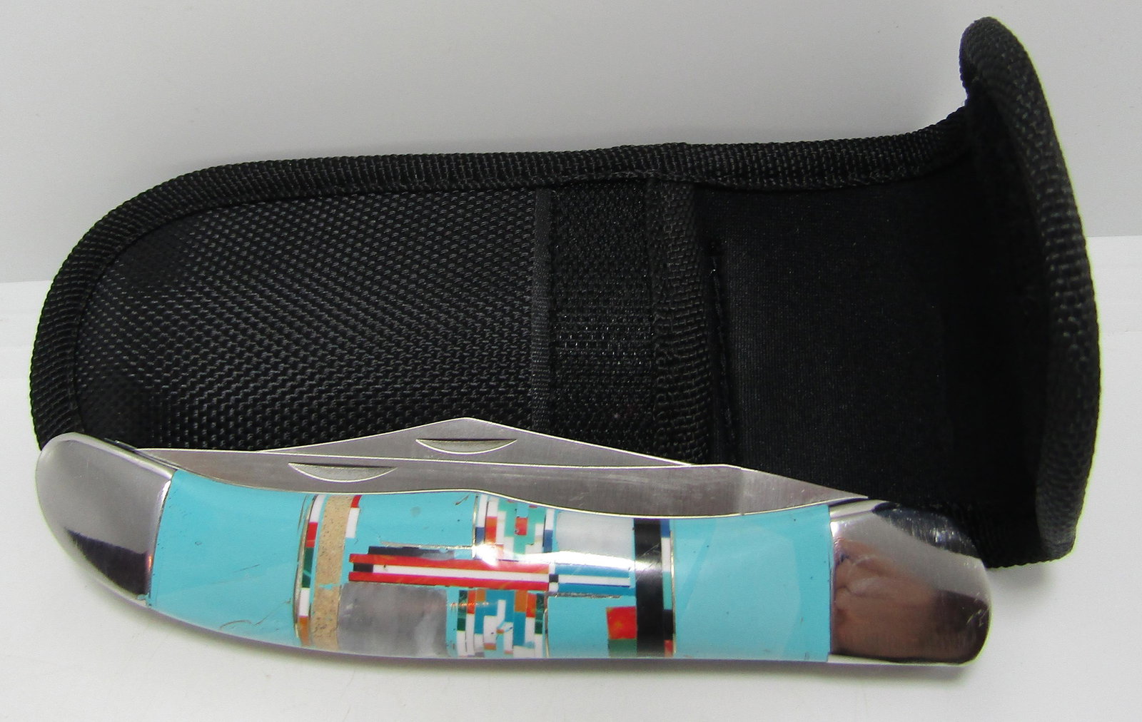 LARGE TURQUOISE INLAY POCKET KNIFE W SHEATH (1 of 3)