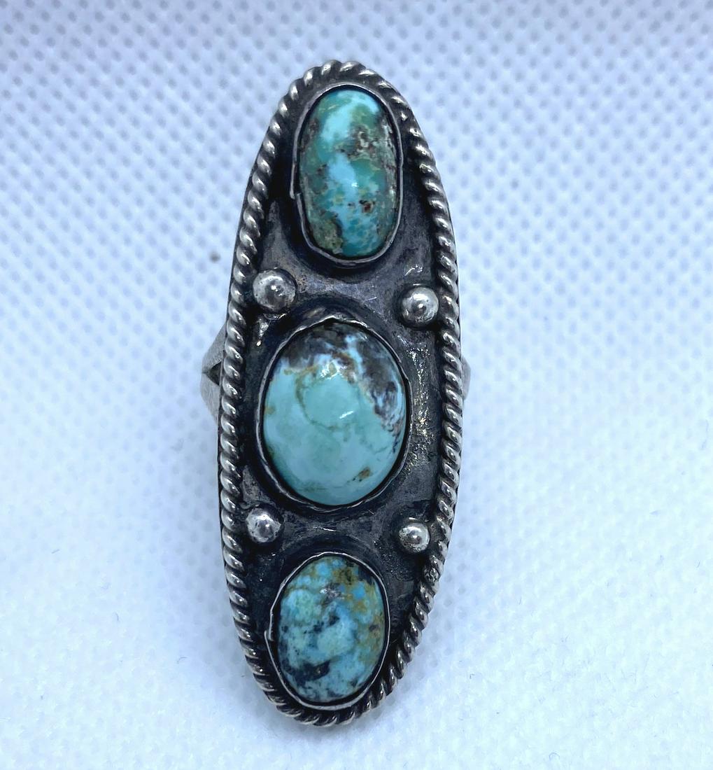 LONG 3 STONE TURQUOISE STERLING SILVER RING (1 of 4)
