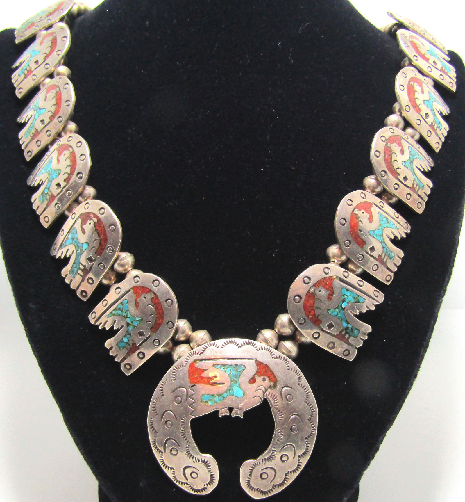 1970S TURQUOISE STERLING SQUASH BLOSSOM NECKLACE (1 of 5)