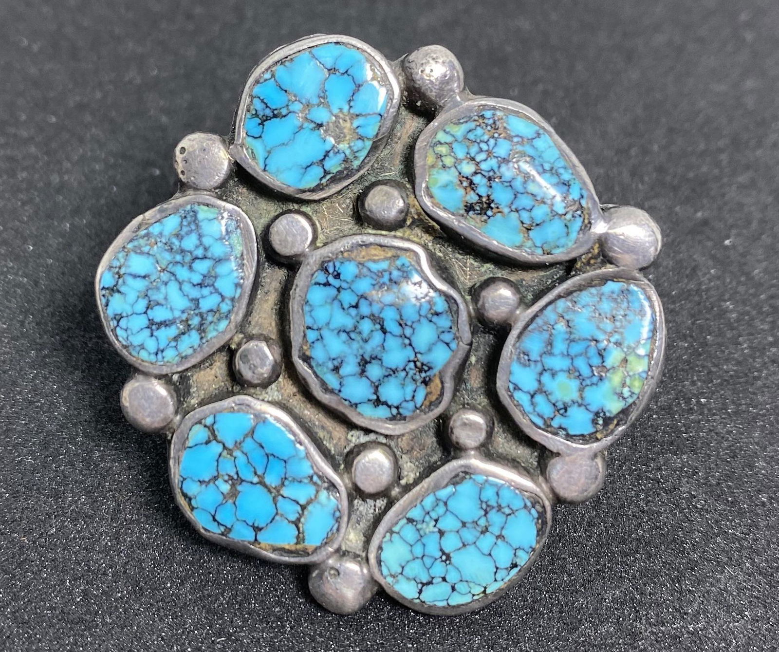 1970S SPIDERWEB TURQUOISE STERLING CLUSTER RING (1 of 5)