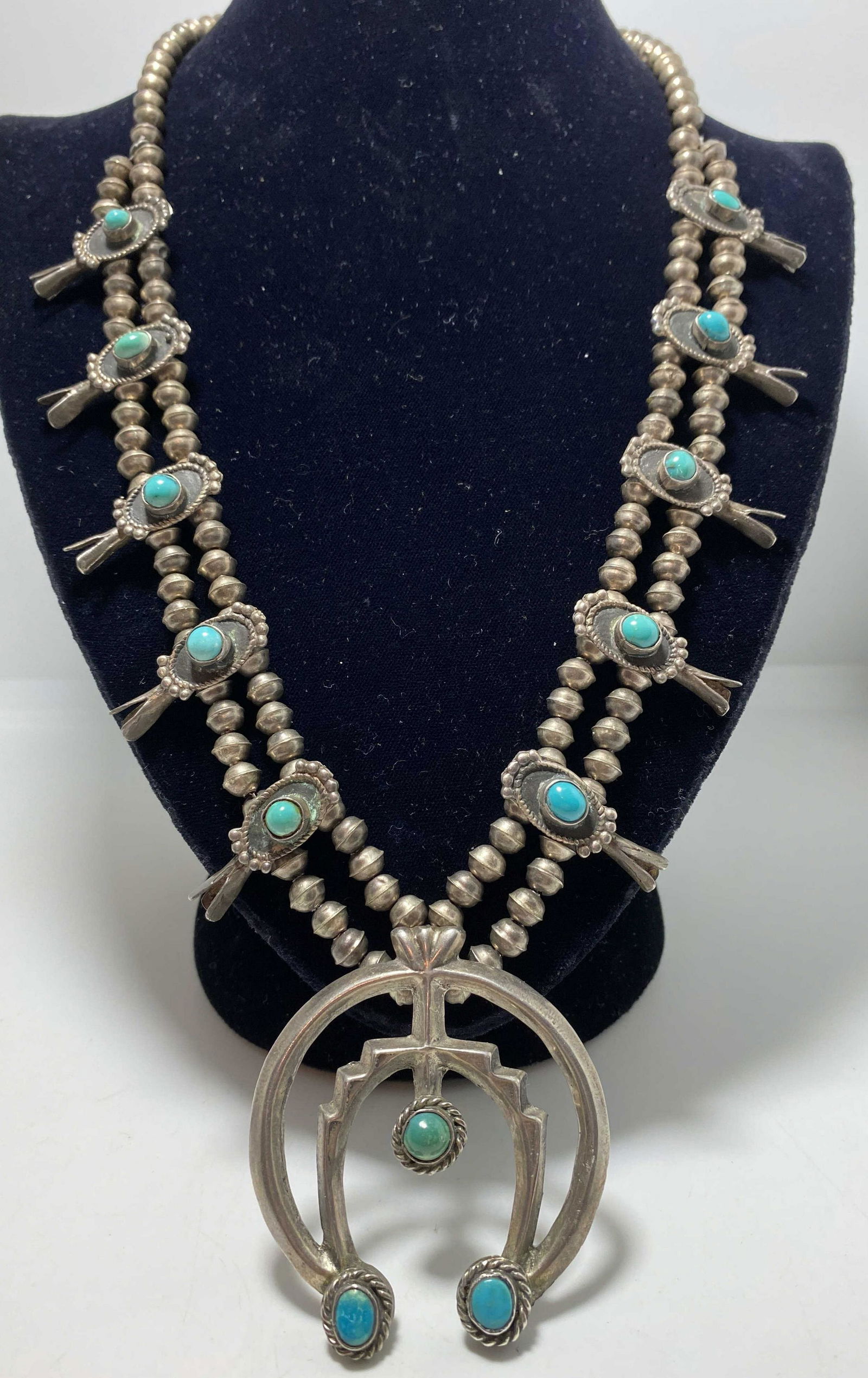 1970'S STERLING TURQUOISE SQUASH BLOSSOM NECKLACE (1 of 10)
