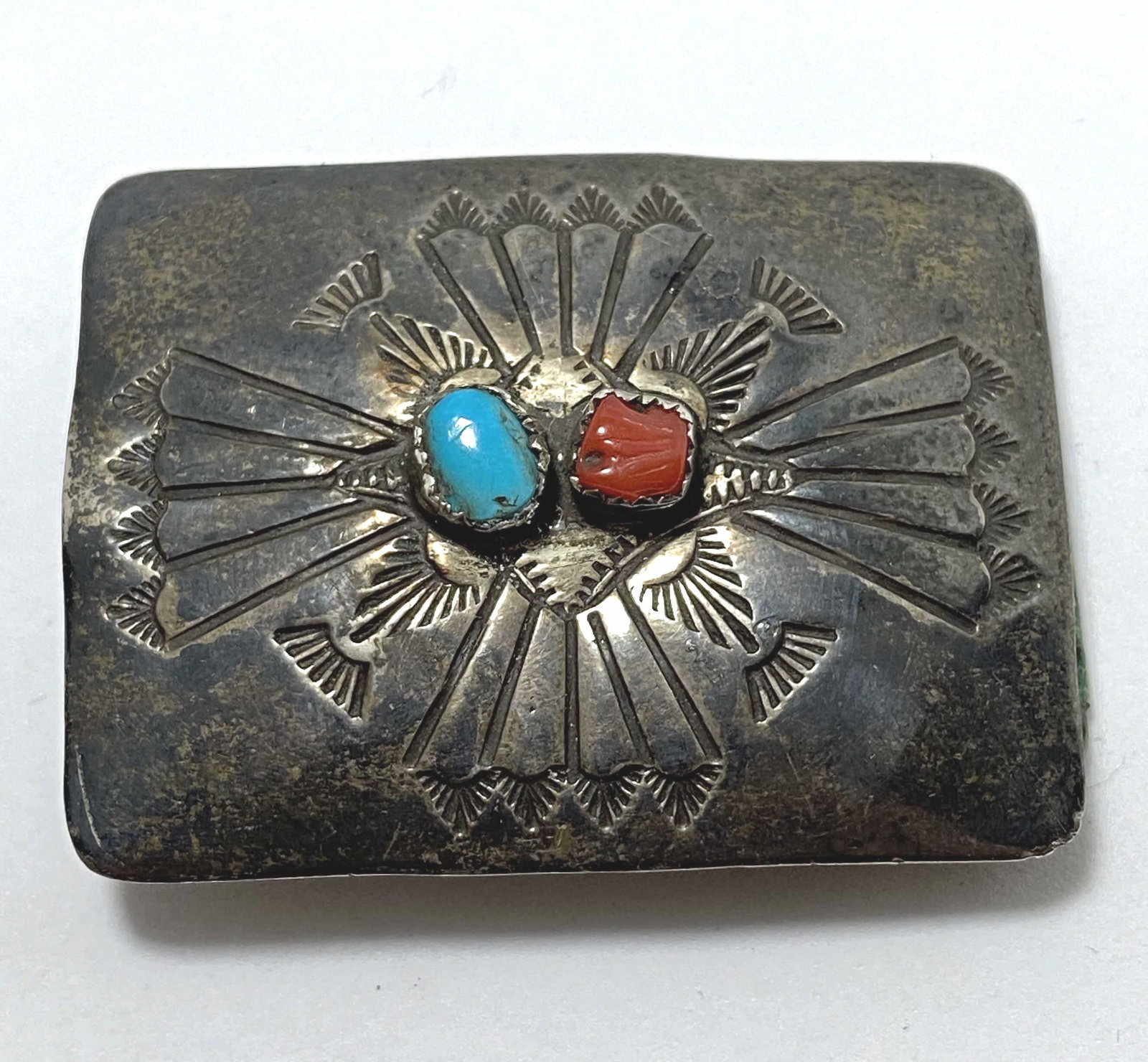 SMALL STERLING NAVAJO TURQUOISE CORAL BELT BUCKLE (1 of 3)