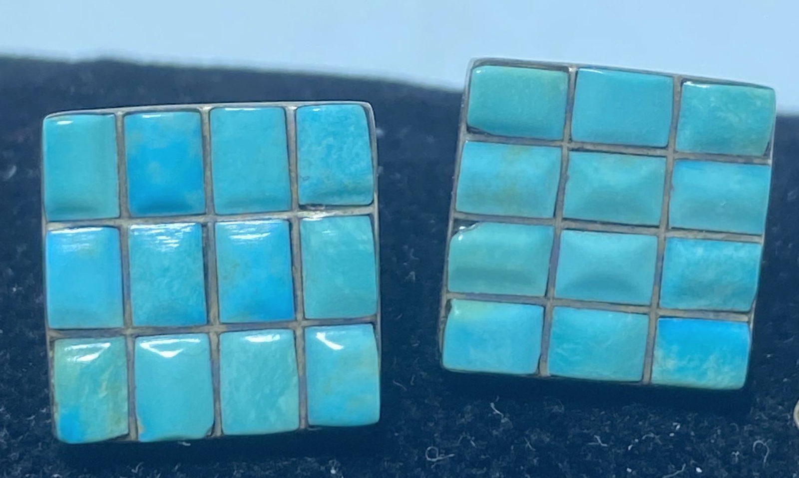 OLD PAWN STERLING TURQUOISE CHECKERBOARD EARRINGS (1 of 4)