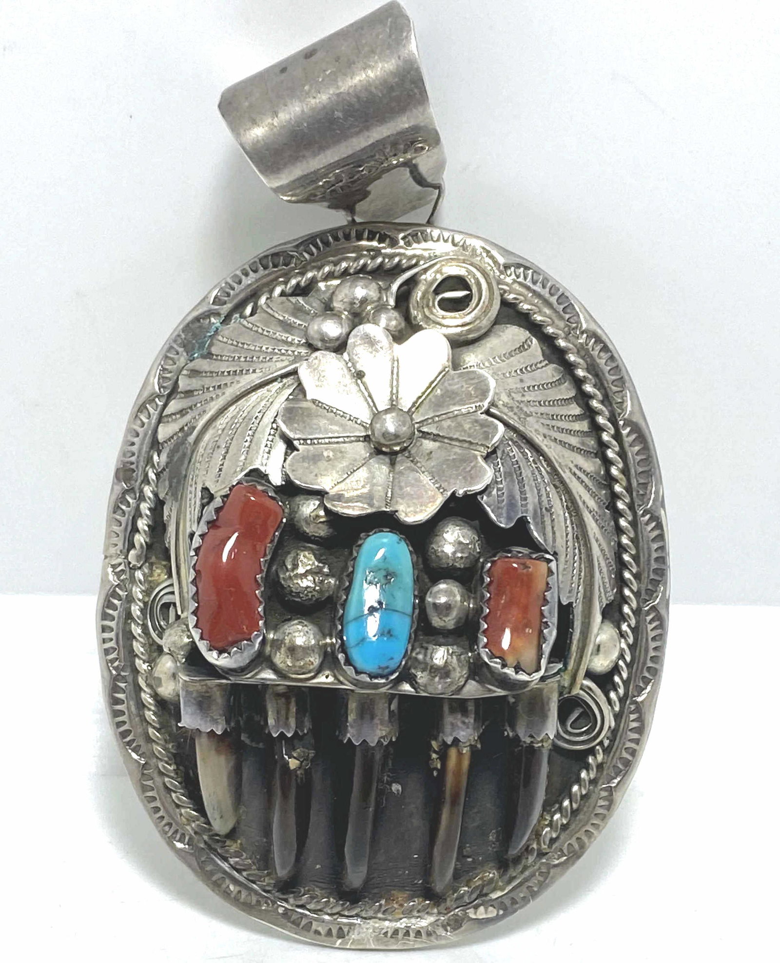 3" BEAR CLAW TURQUOISE CORAL STERLING PENDANT (1 of 4)