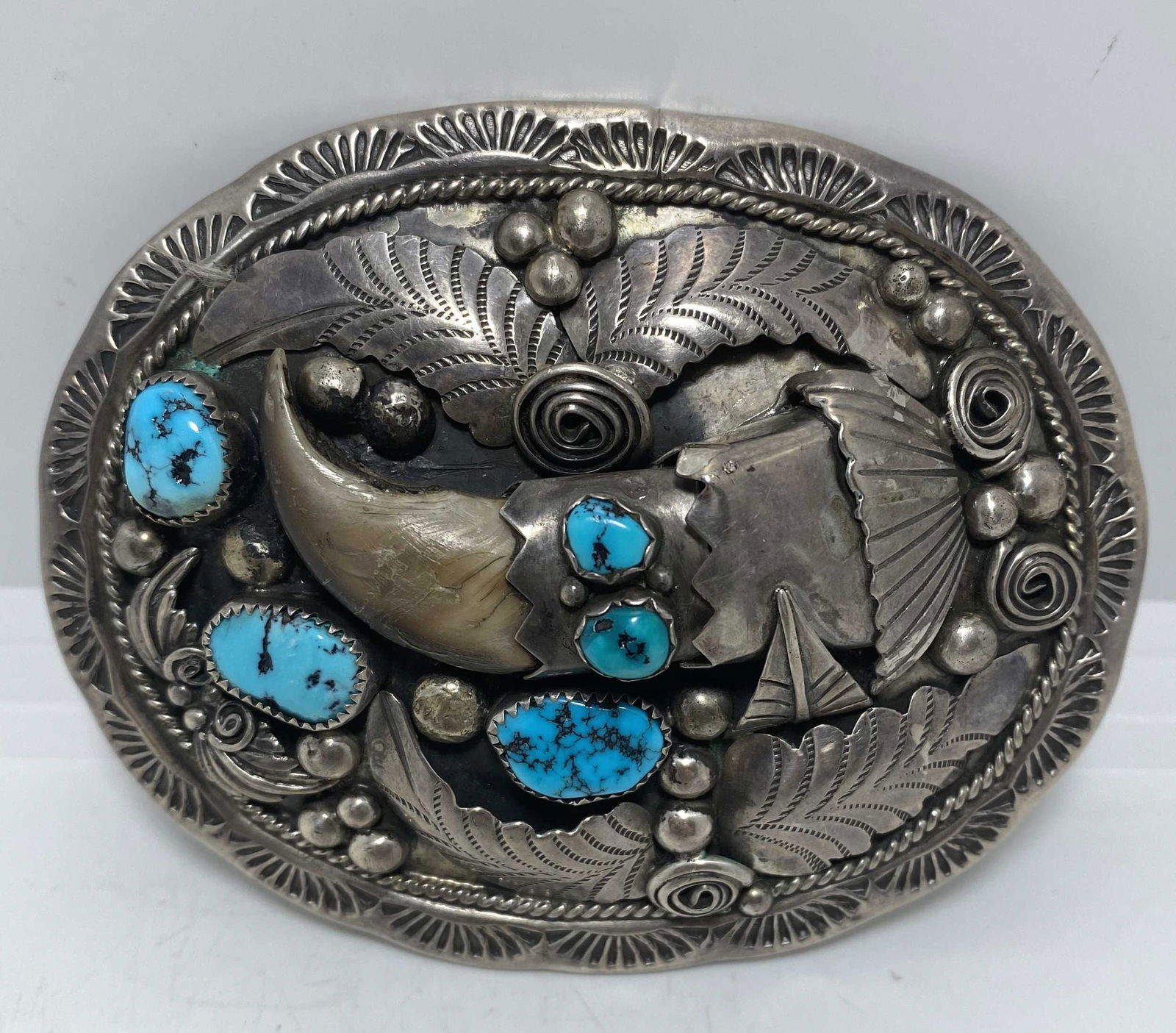 SIGNED GA STERLING BEAR CLAW TURQUOISE BELT BUCKLE (1 of 3)