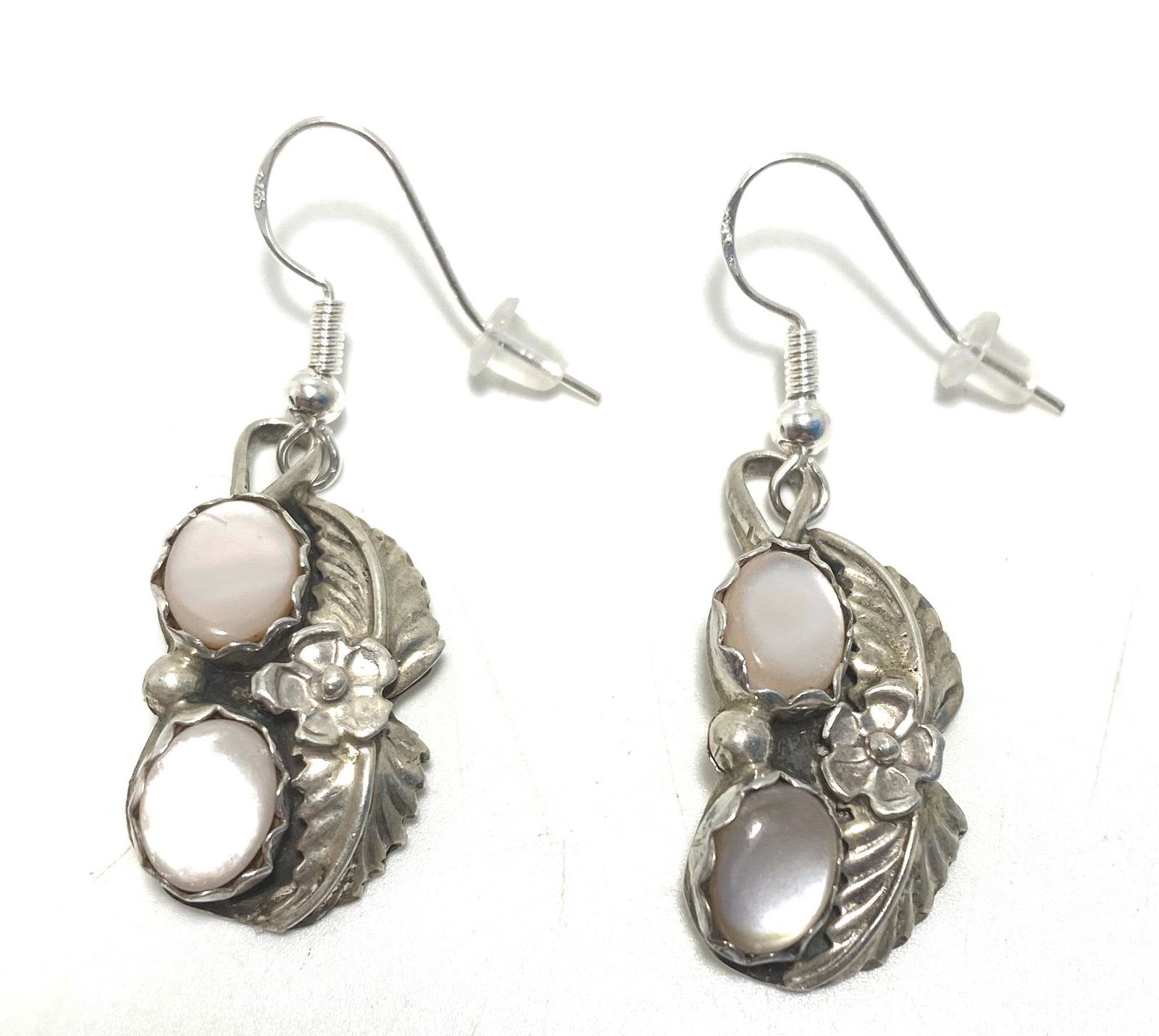 SIGNED IC MOTHER OF PEARL STERLING NAVAJO EARRINGS (1 of 3)
