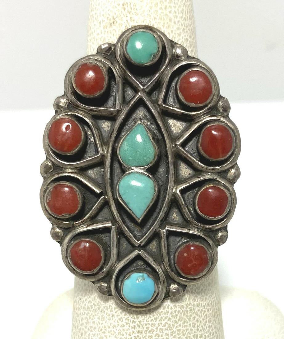 RED CORAL TURQUOISE STERLING NAVAJO CLUSTER RING (1 of 3)