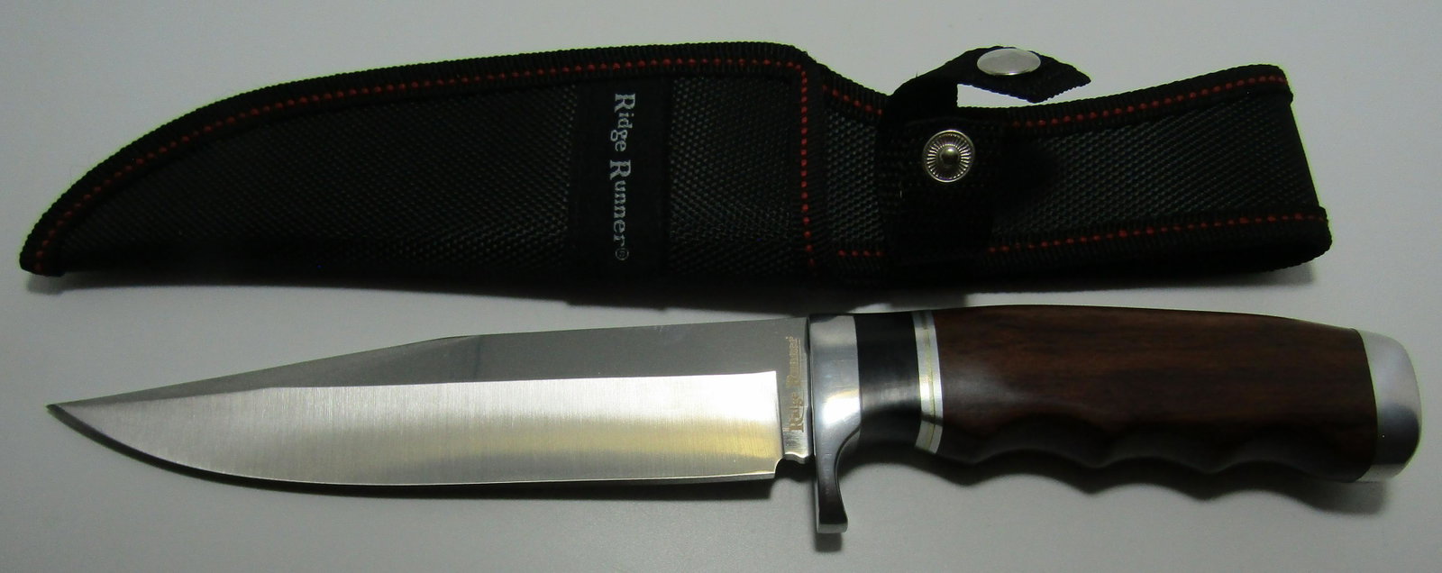 RIDGE RUNNER HUNTING KNIFE W SHEATH: RIDGE RUNNER WITH WOOD AND ALUMINUM GRIP. 11 INCH LONG WITH 6 INCH BLADE. USA SHIPPING $5.