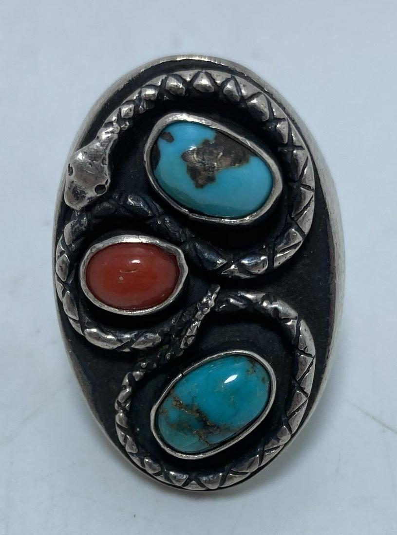 VINTAGE STERLING TURQUOISE SNAKE RING 26 GRAM (1 of 6)
