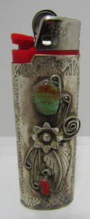 MARTIN TURQUOISE CORAL LIGHTER STERLING SILVER: SQUASH BLOSSOM VINTAGE ESTATE HALLMARKED "JM STERLING" FOR JAMES MARTIN SILVER NATIVE AMERICAN SOUTHWEST NAVAJO INDIAN JEWELRY. PEYOTE FLOWER DESIGN 2 3/4" TALL. WEIGHS 12.8GRAMS. VINTAGE ESTATE EXCEL