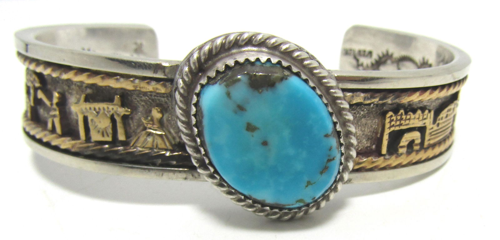 RR" TURQUOISE CUFF BRACELET STERLING SILVER & GOLD (1 of 7)