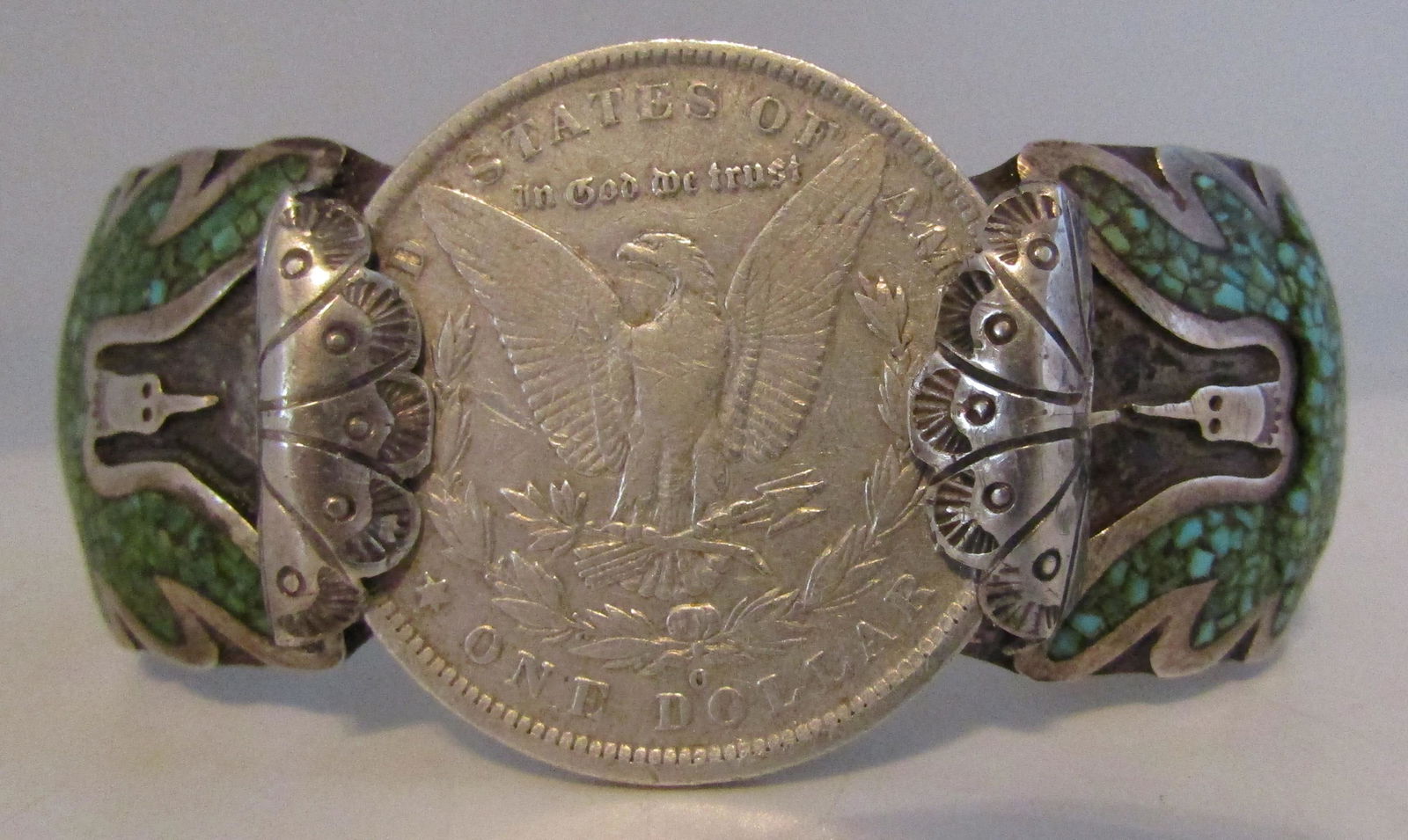 US SILVER DOLLAR CUFF BRACELET STERLING TURQUOISE (1 of 7)
