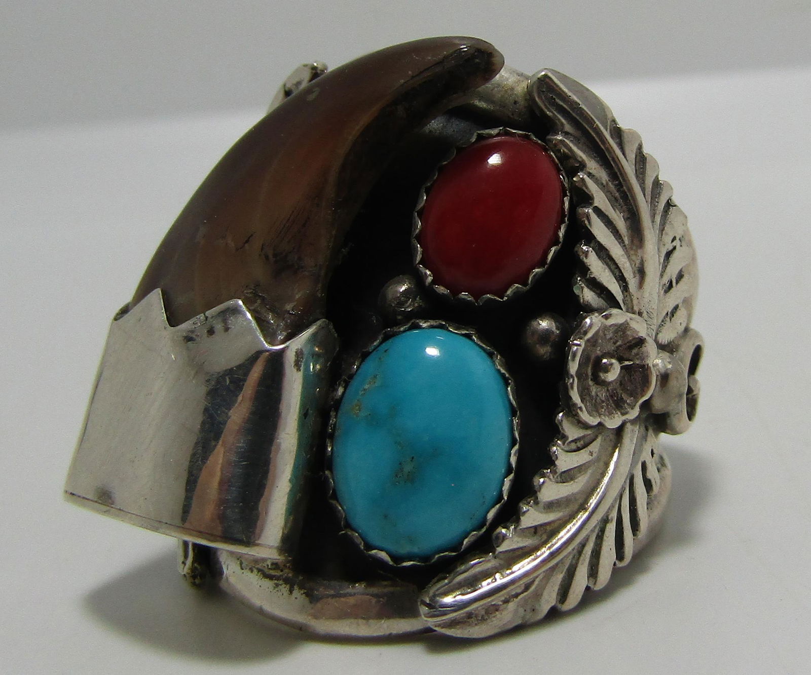 BEAR CLAW TURQUOISE RING STERLING SILVER CORAL (1 of 5)
