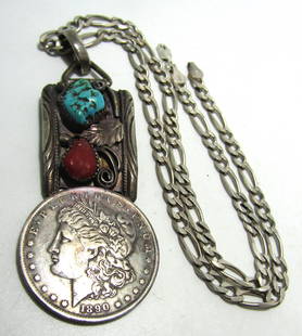 TURQUOISE CORAL1890 US SILVER DOLLAR COIN NECKLACE: EARLY ARTIST SIGNED "IH? STERLING". 1890 MORGAN SILVER DOLLAR STERLING SILVER. LINK CHAIN MEASURES 20 INCHES LONG PLUS 4 INCH LONG PENDANT. WEIGHS 66.7 GRAMS. USA SHIPPING $5.