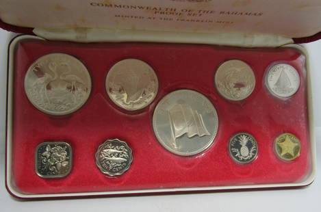 1974 SILVER PROOF 9 COIN SET BAHAMAS: 9 COIN SET WITH 1 DOLLAR NOTE 1974 BAHAMAS WITH PAPER WORK IN BOX. USA SHIPPING $5.