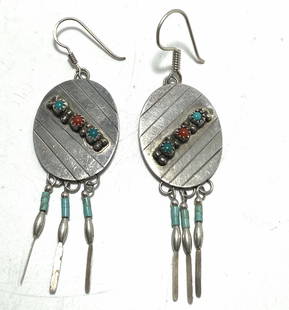 SIGNED D NAVAJO STERLING TURQUOISE CORAL EARRINGS: NATIVE AMERICAN NAVAJO HANDMADE EARRINGS. DREAMCATCHER CHANDELIER STYLE WITH THREE DANGLES. FRENCH HOOK PIERCED. MEASURES 2.25" LONG AND 3" TOTAL WITH DROP. WEIGHS 9.9 GRAMS. USA SHIPPING $5.