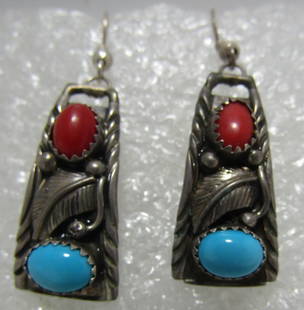 "RB" TURQUOISE CORAL EARRINGS STERLING SILVER: ARTIST SIGNED "RB" SLEEPING BEAUTY TURQUOISE & RED CORAL. VINTAGE ESTATE NATIVE AMERICAN SOUTHWEST NAVAJO INDIAN JEWELRY. MEASURE 14MM BY 45MM LONG. WEIGHS 6.9 GRAMS. EXCELLENT USED